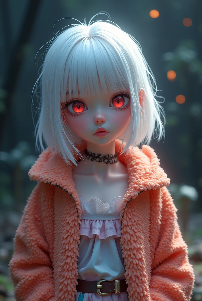 A lovely and charming girl with white hair and red eyes,Wearing a vibrant、gorgeous、A textured jacket and a whimsical、Pastel colored tops,Exudes a kind of magic,With high resolution、Surreal scene of darkness、Minimalist background。
