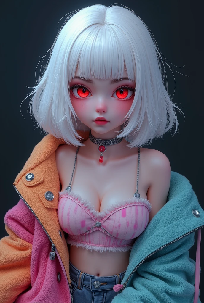 Slightly plump figure, dark blue outerwear, hungry face, white hair, white face, thin legs, thin hands, big bust, He is holding a candy in his left hand., He is holding a cola in his right hand,pink eyes, shining eyes, Blue Book Jeans, female