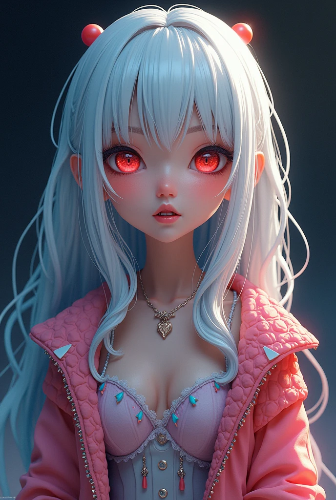 A lovely and charming girl with white hair and red eyes,Wearing a vibrant、gorgeous、A textured jacket and a whimsical、Pastel colored tops,Exudes a kind of magic,With high resolution、Surreal scene of darkness、Minimalist background。
