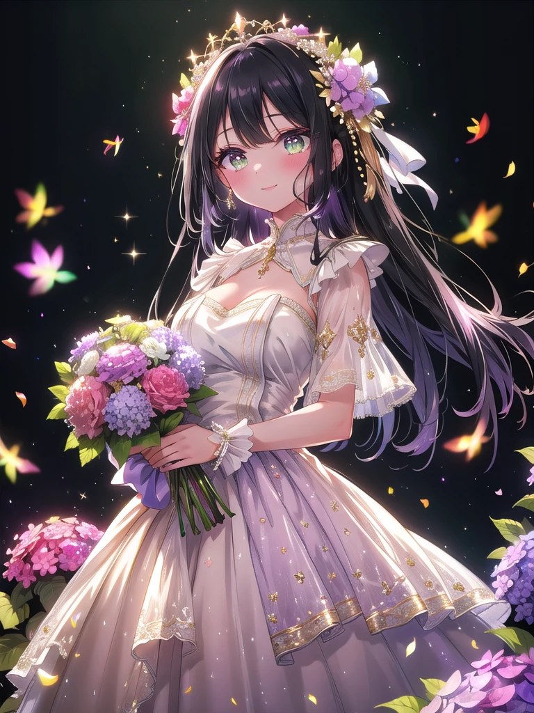 ((8k, Highest quality, masterpiece: 1.3)),Ultra-high resolution,(1 girl, alone), (Color changing eyes, Ultra-detailed, Expressive brilliance, Glitter, Glowing Eyes), Highly detailed eyes, Highly detailed face, Random Hair, ((pastel colour))Depict a woman standing in front of a grand, decorated fireplace adorned with garlands and softly glowing fairy lights. She’s holding a massive, vibrant bouquet filled with lavender, pink hydrangeas, and delicate white baby’s breath, wrapped in elegant ivory tulle with gold accents. The bouquet is so voluminous that it obscures part of her upper body, with blooms spilling over gracefully. Her long, straight raven-black hair is styled sleekly, and she’s wearing a classy, emerald green blouse with subtle embroidery at the cuffs. She looks directly at the viewer with a beaming, affectionate smile, her eyes glistening with pride and joy, her expression radiating warmth and heartfelt congratulations. Her pose is slightly tilted forward as she offers the bouquet, making it the centerpiece of the image. The background features soft, warm lighting and faint, glowing embers in the fireplace, with gentle, shimmering light effects enhancing the sense of celebration and intimacy.