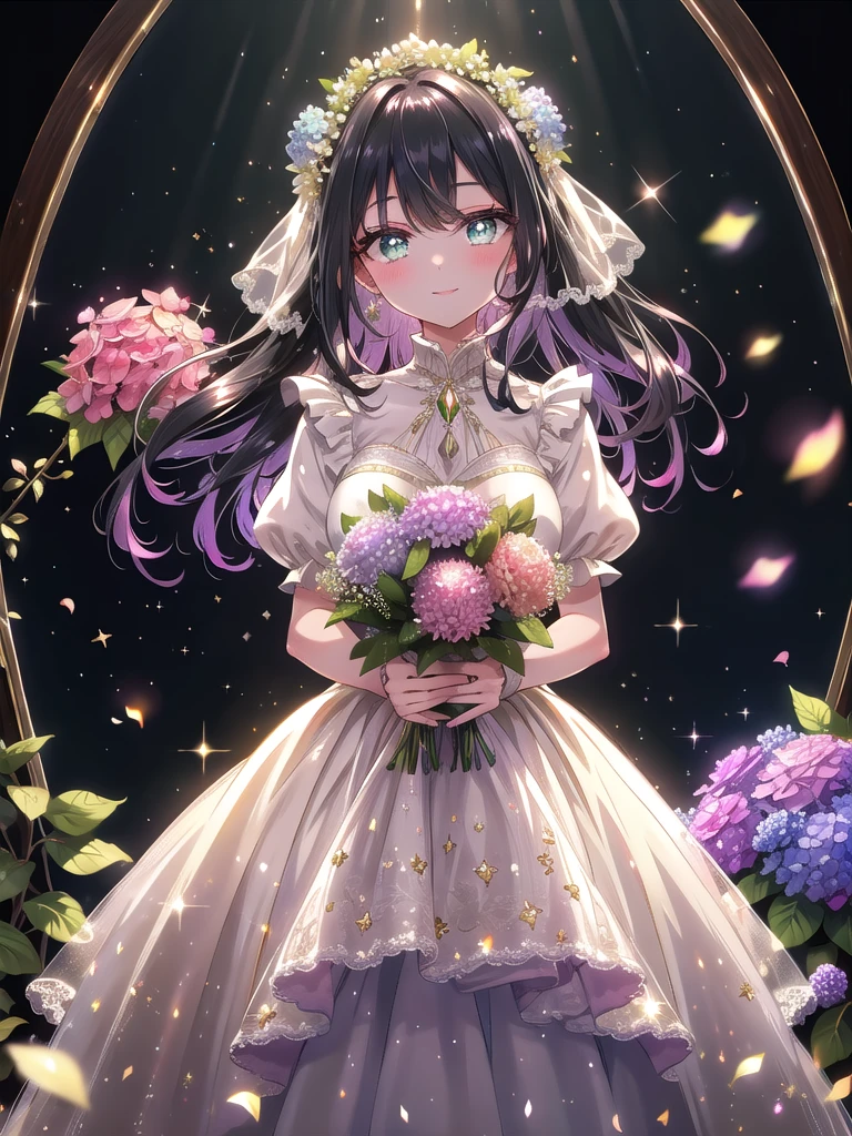 ((8k, Highest quality, masterpiece: 1.3)),Ultra-high resolution,(1 girl, alone), (Color changing eyes, Ultra-detailed, Expressive brilliance, Glitter, Glowing Eyes), Highly detailed eyes, Highly detailed face, Random Hair, ((pastel colour))Depict a woman standing in front of a grand, decorated fireplace adorned with garlands and softly glowing fairy lights. She’s holding a massive, vibrant bouquet filled with lavender, pink hydrangeas, and delicate white baby’s breath, wrapped in elegant ivory tulle with gold accents. The bouquet is so voluminous that it obscures part of her upper body, with blooms spilling over gracefully. Her long, straight raven-black hair is styled sleekly, and she’s wearing a classy, emerald green blouse with subtle embroidery at the cuffs. She looks directly at the viewer with a beaming, affectionate smile, her eyes glistening with pride and joy, her expression radiating warmth and heartfelt congratulations. Her pose is slightly tilted forward as she offers the bouquet, making it the centerpiece of the image. The background features soft, warm lighting and faint, glowing embers in the fireplace, with gentle, shimmering light effects enhancing the sense of celebration and intimacy.