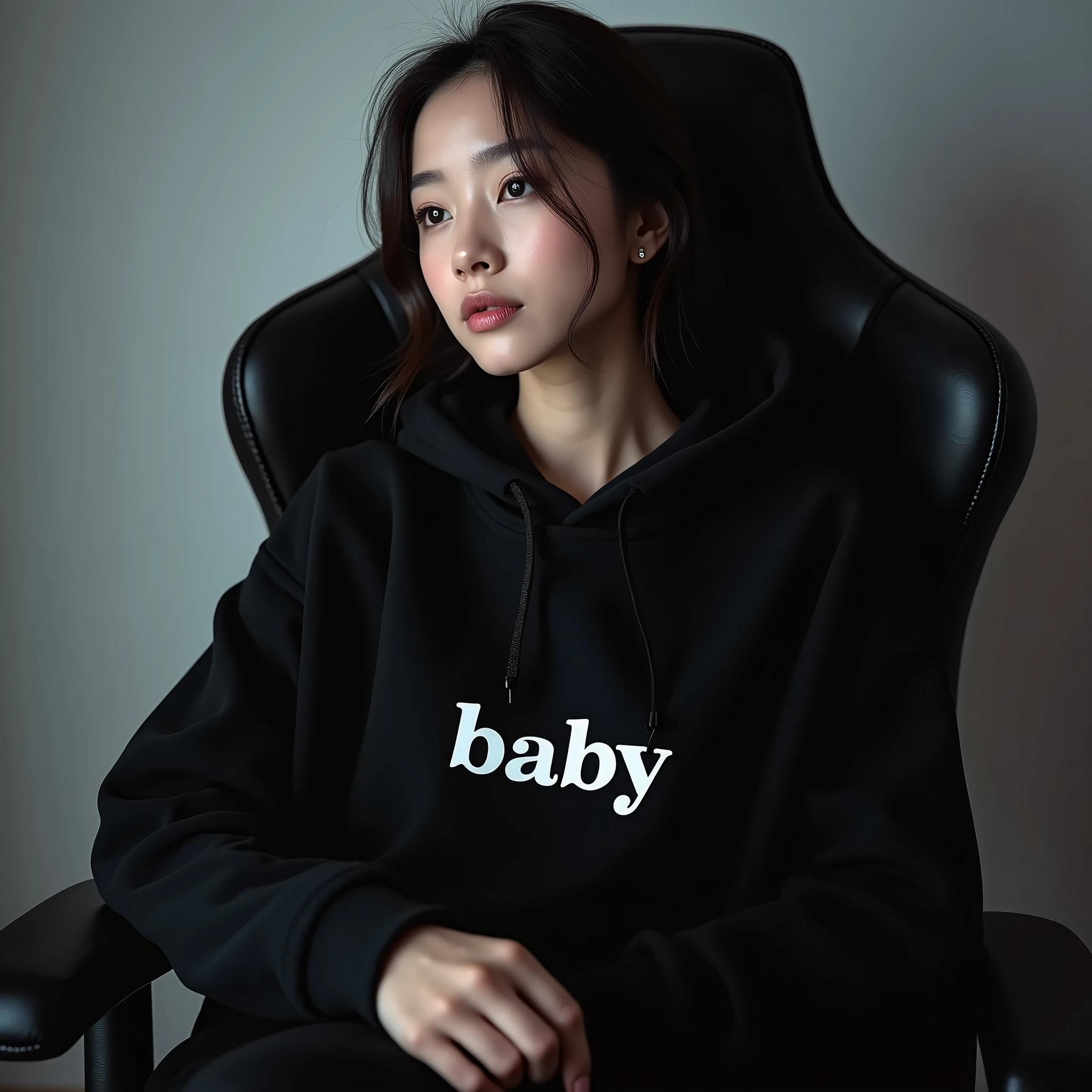 A beautiful Korean woman sitting on a gaming chair wearing a black polite hoodie , with name on hoodie "   "