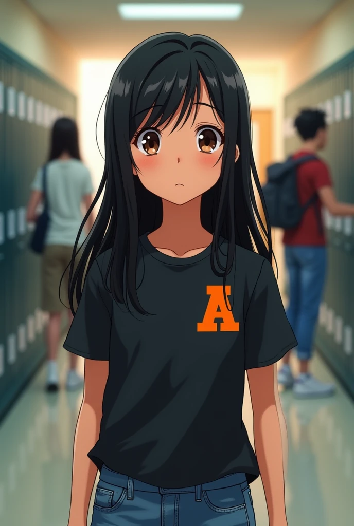 I am a high school student and I want you to make me a picture where you describe a week of school that is fun because I see my friends but stressful and tired because of work.. (make a girl , with big eyes, black hair, Brown eyes, bushy eyebrows,Black t-shirt with an orange capital letter A logo in the upper left corner of the shirt, May it be a real person, jeans and white tennis shoes, teenage girl with smaller eyes, realist