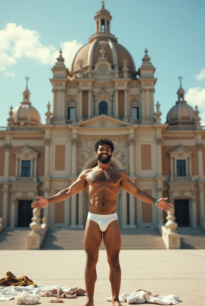 There is a young bearded Puerto Rican man in white underwear standing with his arms open and smiling, clothes on the floor, in front of a large building, peru, royal Palace, parliament, peruvian, peruvian looking, proportionate, Julia Fontes, Palace, quito school, an intermediate front shot, monumental giant Palace, Mexico City, freddy mamani wild facade, jorge lacera, Gita, chilean, Refik Anadol, central shot, security to the funds approaching.