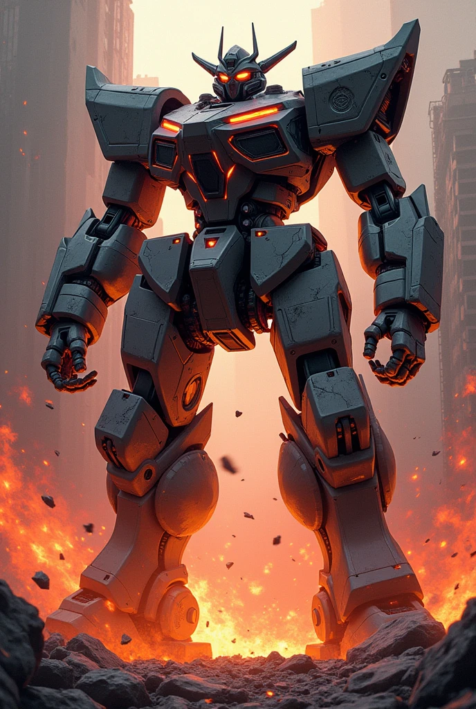 Create a highly detailed and gritty sci-fi mecha illustration in a bold, high-energy anime style. The robot should feature sharp, angular, and asymmetrical armor, showcasing a battle-worn appearance with visible cracks and scorch marks. The mech’s design should be both futuristic and menacing, with a large, humanoid form that exudes a sense of power and intimidation. Incorporate intricate mechanical details such as exposed gears, hydraulic pistons, and glowing energy conduits.

The color palette should focus on deep, intense reds and purples, complemented by metallic grays and silvers to emphasize the robotic elements. Highlight areas of damage with contrasting, fiery orange and ember tones to suggest recent combat.

Place the mech in a dramatic, fiery background that features dynamic flames, smoke, and debris to enhance the intensity of the scene. Use high contrast to create stark differences between the glowing, heated sections of the mech and the dark, shadowed areas. Employ textured shading to give the image a raw, hand-painted quality, capturing the rugged, battle-scarred nature of the robot. Add atmospheric elements such as sparks and ash to amplify the sense of an ongoing, fierce battle.