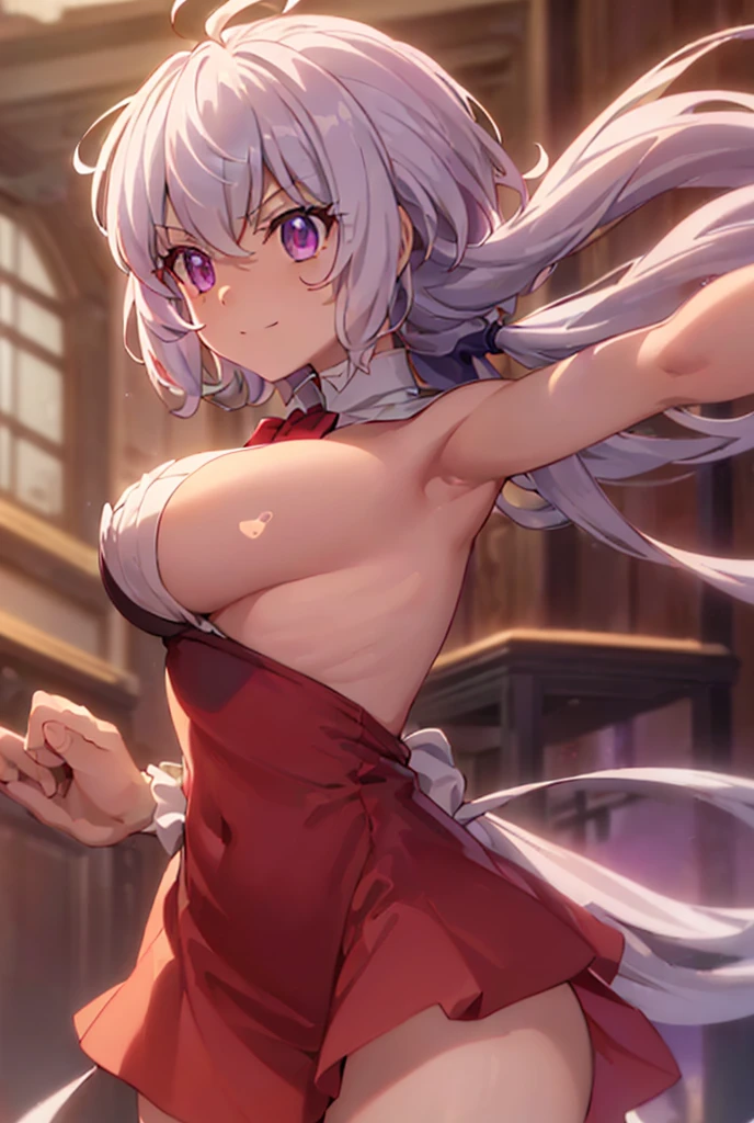 ((masterpiece)), ((Best quality)), (high resolution), (illustration), (an extremely delicate and beautiful), (ultra detailed beautiful face and eyes), nsfw, 1girl, leaning forward, YukineChris, long hair, purple eyes, twintails, low twintails, ahoge, large breasts, fishnet pantyhose, red a bow tie, volumetric lightning, detailed skin texture, detailed, volumetric shadow, anime screencap,Highest quality, Sorceress, ancient babylonian nobility, ((tan skin:1.2)), (brown skin color),Long hair, twin braids, hair ornament, wine colored hair, smile, Below average size breasts, bare shoulders, (underboob:0 Raise your legs vertically、Ready your gun?、Stretching arms forward to accentuate cleavage 8K, masterpiece, Best_quality, high_resolution, ultra_details, detailed, 1girl, 独奏, looking_at_viewer, upper_body, indoors, braid, blurry, bangs, white_hair, blurry_background, collared_shirt, church, hair_ribbon, hair_between_eyes, stained_Glass,sidelocks, depth_of_field, light_particles, window, french_braid, Alphonse Mucha Style, sharp focus, perfect hands, perfect face, perfect eyes, perfect light, dynamic light, natural light, Masterpiece, Best quality, red dress