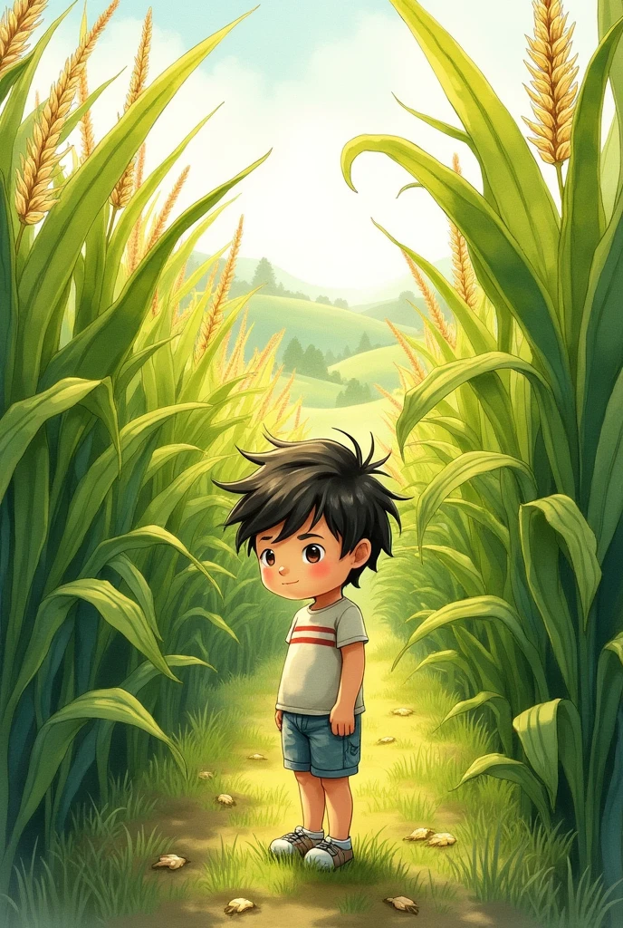 You could make a watercolor drawing for a story of a boy with dark hair, in the middle of a corn crop in the foreground