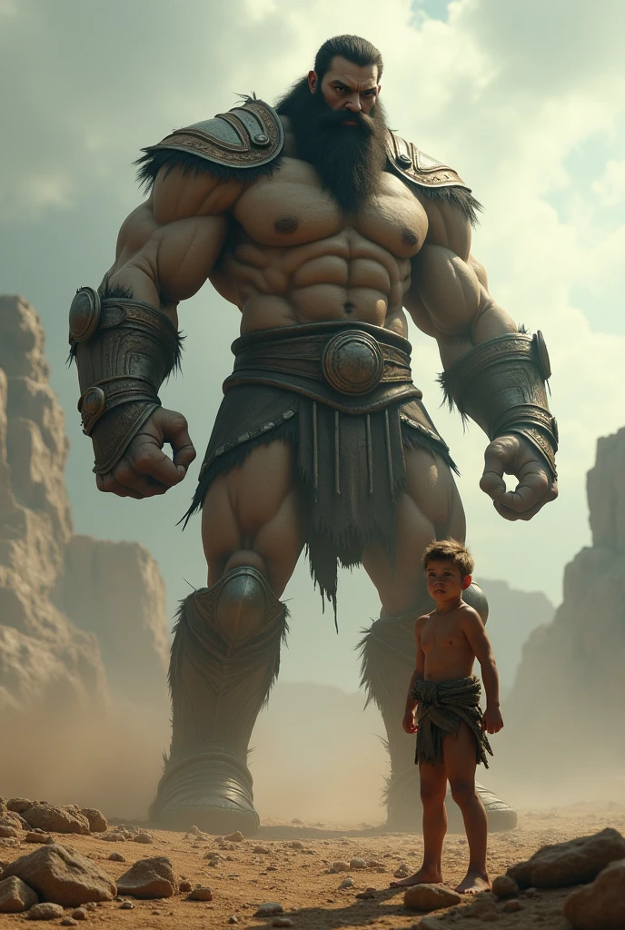 A scrawny young man fiercely and courageously confronting a giant , DAVID AND GOLIATH super realistic , 4 K