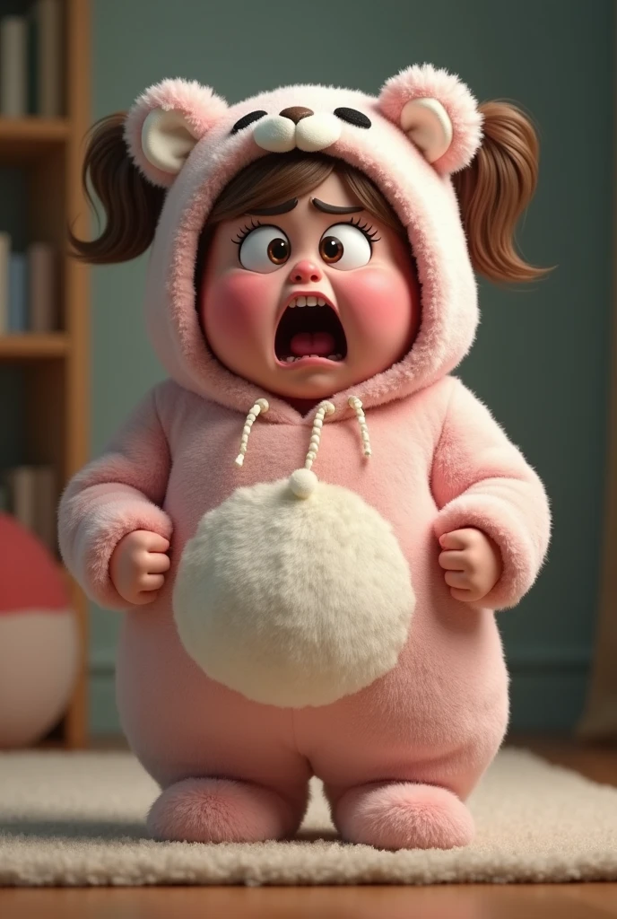 (girl),(()) ,3d images ,Highest quality 8K ,Chubby body shape,((Very fat)),Pink cheeks,podgy,Bad mood,((Very angry)),((furious)),Put on a stuffed animal costume,Balanced lighting,blurred background,Middle of the picture
