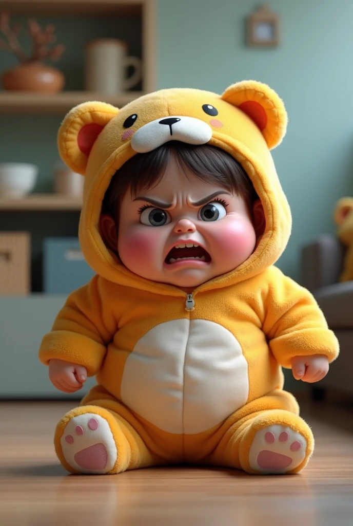 (girl),(()) ,3d images ,Highest quality 8K ,Chubby body shape,((Very fat)),Pink cheeks,podgy,Bad mood,((Very angry)),((furious)),Put on a stuffed animal costume,Balanced lighting,blurred background,Middle of the picture