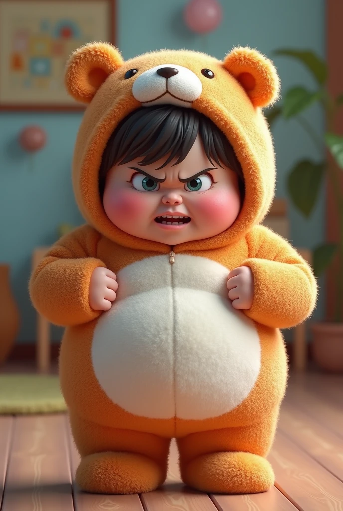 (girl),(()) ,3d images ,Highest quality 8K ,Chubby body shape,((Very fat)),Pink cheeks,podgy,Bad mood,((Very angry)),((furious)),Put on a stuffed animal costume,Balanced lighting,blurred background,Middle of the picture