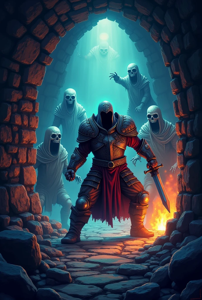 Logo for a video game about a guy fighting in a dungeon against ghosts and skeletons (retro style)