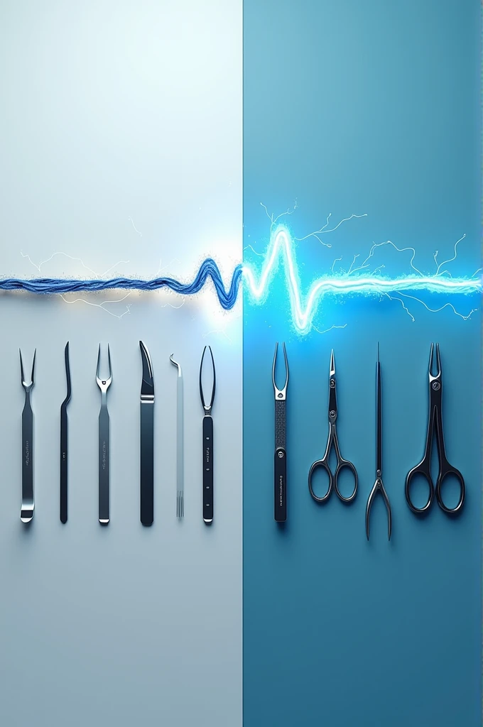 An image divided into two parts, showing two types of currents: a direct current (represented by a constant straight line) and an alternating current (represented by a sinusoidal line). Add examples of surgical instruments below each type of chain to illustrate their applications..