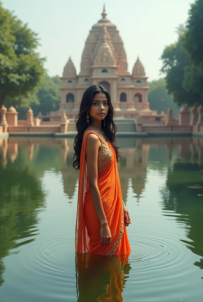 Beautiful Indian girl standing in pond facing camera and in background there is temple 