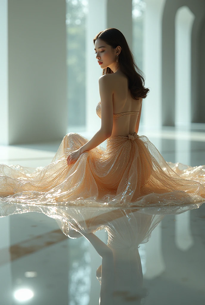 woman sitting in a glossy super shiny flared long circle skirt