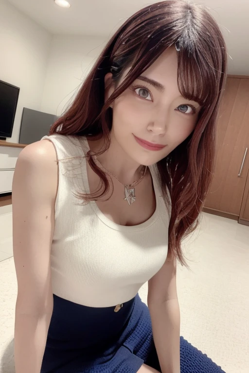 One girl, Beautiful woman knit tanktops, デニムのショーツ skinny, Perfect body,  Golden Hair, Standing in a living room with white walls,  Highly detailed face, Beautiful Eyes, Beautiful Lips, double eyelid, A shy smile, Shorn bangs, Sunburned skin, Pubic Hair Tips, (Highest quality, 8k, masterpiece:1.3), front and full body shot, Pussy Line, Positive, Spread your legs wide