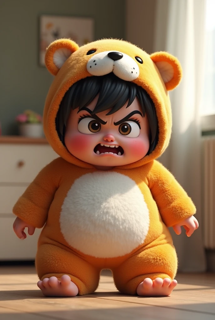 (girl),(()) ,3d images ,Highest quality 8K ,Chubby body shape,((Very fat)),Pink cheeks,podgy,Bad mood,((Very angry)),((furious)),Put on a stuffed animal costume,Balanced lighting,blurred background,Middle of the picture