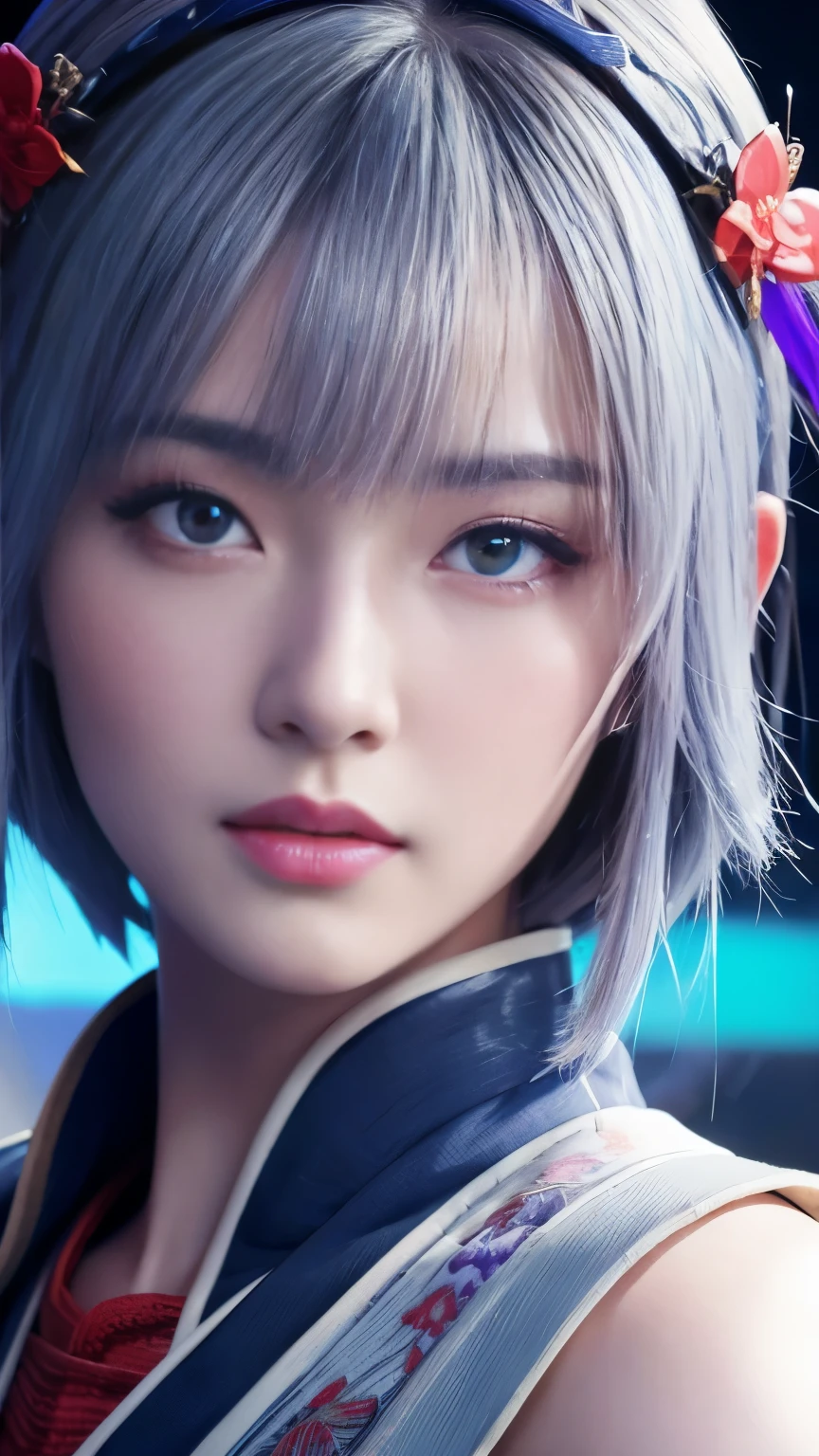 masterpiece, high quality、high resolution、High resolution、wonderful, (CG illustration、8k )、night, Outdoor,  ancient China, Mature Woman, Blue and white hair color, Gray blue eyes, Pale pink lips, Indifference, 真swordさ, bangs,Surreal Onmyoji、 assassin, sword, Facial details, Facial details、purple、red、Upper Body、、sexy、Alluring、Bold、Hyper Effect Effect、Dynamic action scenes、Fly around、Heian period、The Strongest Onmyoji、redく光るオーラ、Aura that surrounds the whole body、