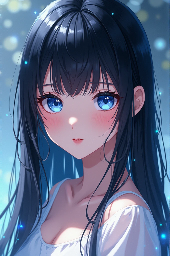 anime character, Bblack hair, light blue eyes, skin fair 