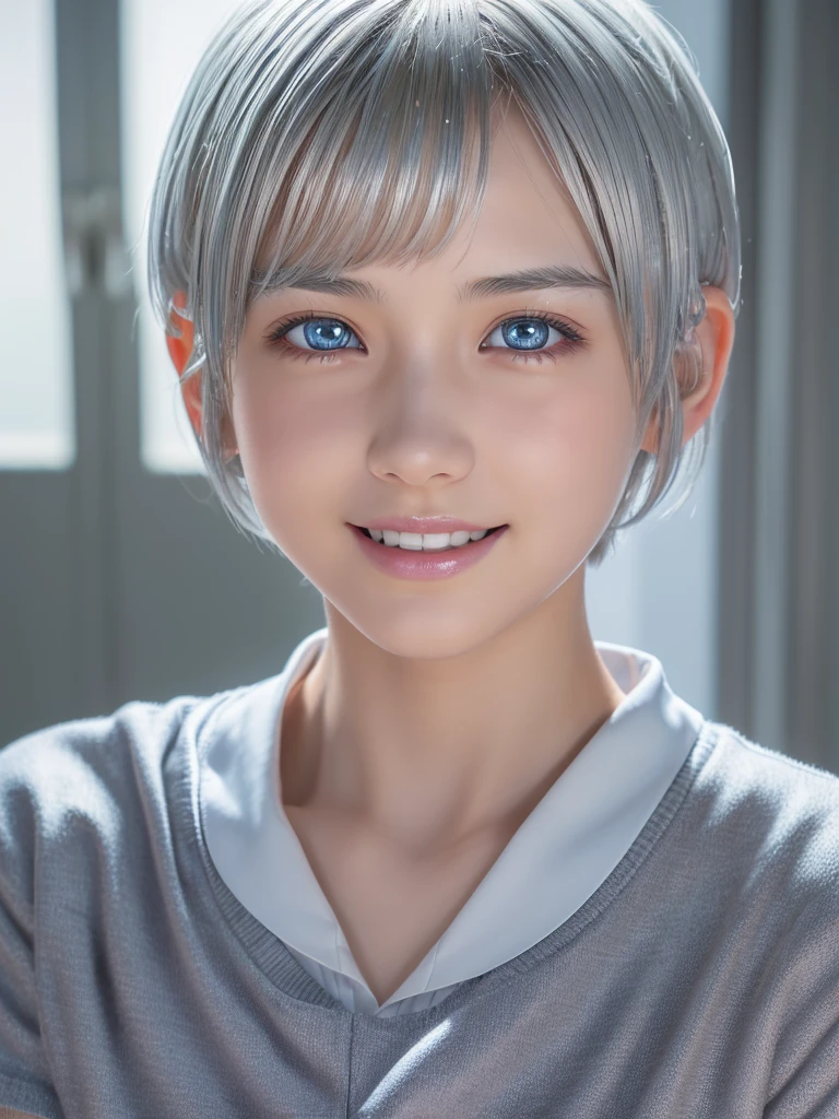 NSFW,(a ultra cute beautiful girl wearing highschool uniform:1.5),(charming smile:1.25),large clear light blue eyes,droppy eyes,balanced eyes,transparent white skin,(silver short hair:1.5),photorealistic, 8k, ultra-detailed, masterpiece, realistic, vivid colors, beautiful detailed eyes, beautiful detailed lips, extremely detailed face, intricate details, hyper realistic, cinematic lighting, dramatic shadows, stunning composition, intense atmosphere, highly detailed skin, exquisite facial features, volumetric lighting, raytraced global illumination, physically-based rendering, professional digital art,high resolution fix,(sexual climax:1.5)