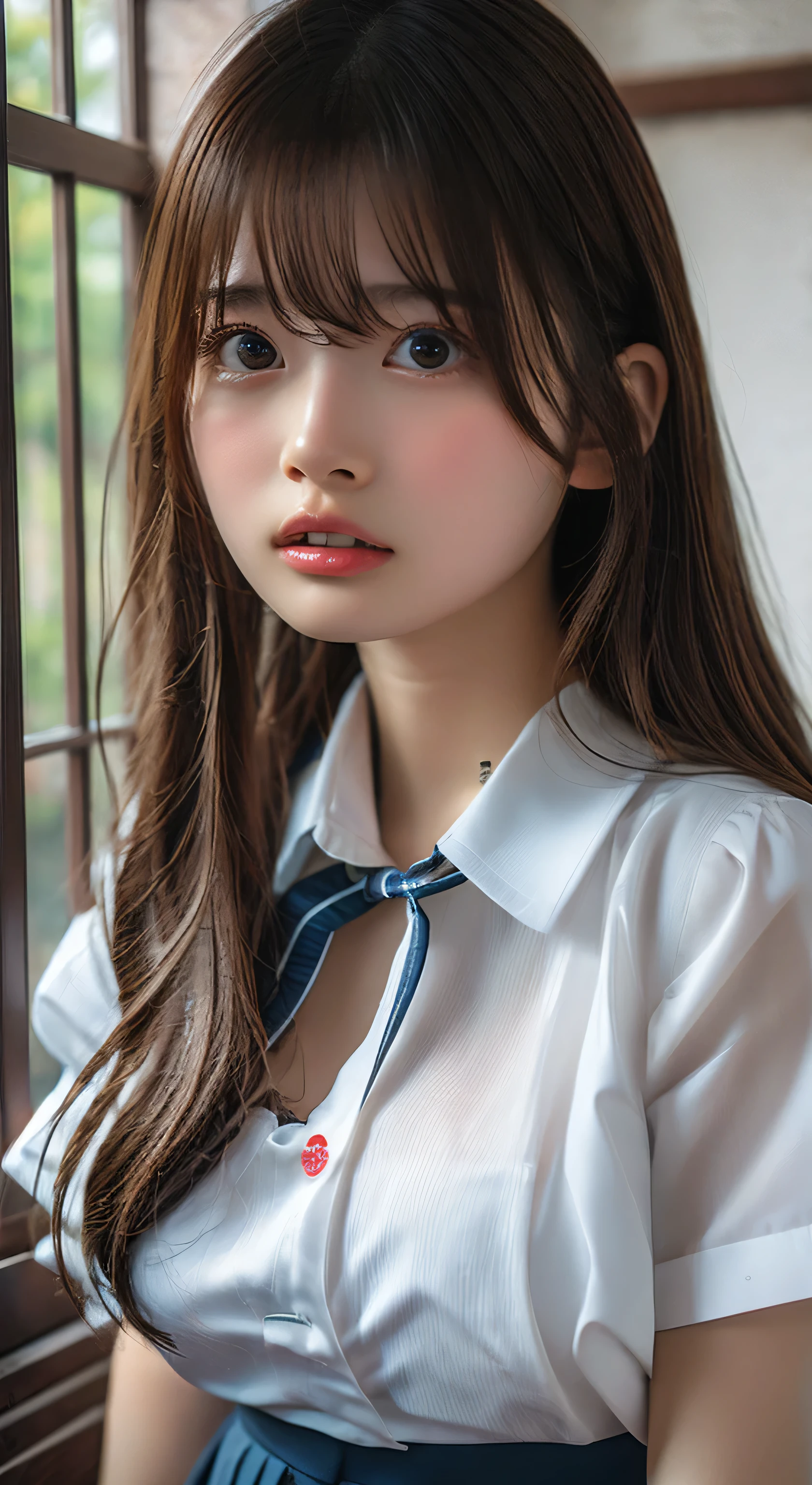 (Highest quality、Tabletop、、Best image quality、Award-winning works)、Very cute girl、けたWhite polyester collared shirt、Short sleeve:1.4)、(Navy Pleated Skirt:1.1)、Girl portrait photography、Glowing Skin、Brown Hair、Are standing、View your viewers、Sculpture Pose、(The simplest pure white background:1.1)、(Large Breasts:1.8)、Accentuate your body lines:1.1)、Very large red ribbon tie、Very long hair:1.75、((Watching an intense porn video of yourself being violated))