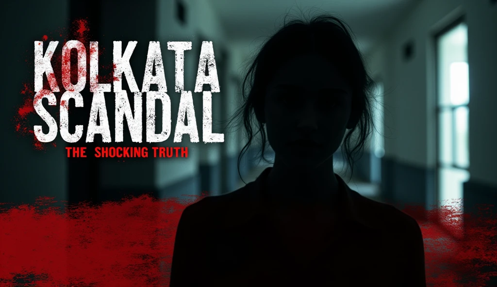 Left Side:

Image: A dark, blurred image of the seminar hall where the incident occurred, with an overlaid, semi-transparent police badge or caution symbol to signify the crime scene.
Overlay Text: “Kolkata Scandal” in bold, white letters with a red underline, positioned at the top left. Use a distressed font to highlight the severity.
Right Side:

Image: A powerful silhouette of a person with a spotlight effect highlighting the face, symbolizing both the victim’s anonymity and the search for truth. The background should be dark and shadowy.
Overlay Text: “The Shocking Truth” in bold, white letters with a red drop shadow at the bottom right to enhance visibility.
Additional Elements:

Crimson Stain/Overlay: Add a subtle crimson stain or smudge effect across the bottom to evoke a sense of urgency and distress.
Bold Exclamation Mark: Place a red exclamation mark near the overlay text to emphasize the gravity of the case.
Color Scheme: Dark, moody tones with sharp red and white accents to create a dramatic and urgent visual impact.