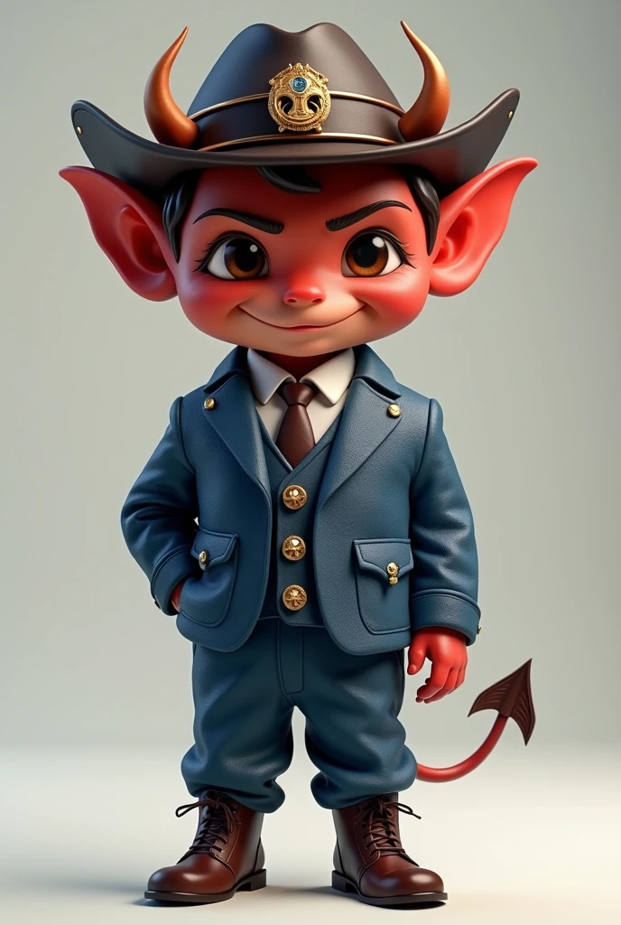 Little devil with a lead sheriff hat, Aviation blue suit white shirt with trumpet