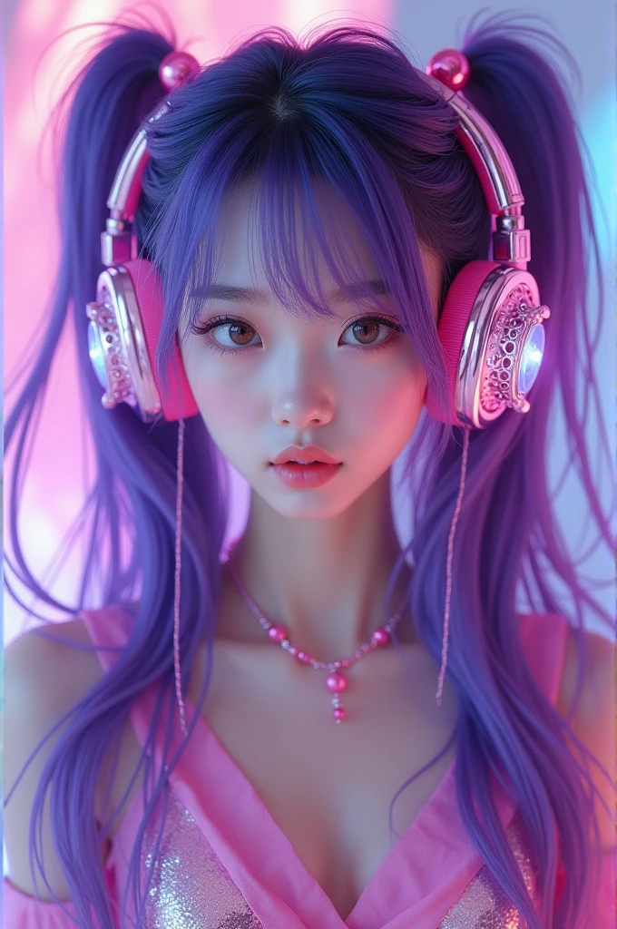 Korean purple hair butterfly woman with headphone and shiny pink outfit shiny pink and purple headphone and pigtails