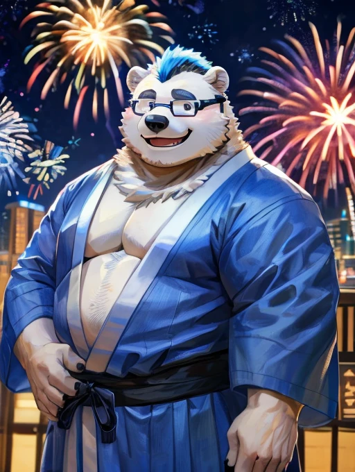 (medium shot:1.1),(8k),(masterpiece:1.2),((plump:1.4)),fireworks in the night sky,glasses,yukata,polar bear,Beastman,mohawk,hairy,smile,details,black,Blue,white,chubby cheeks