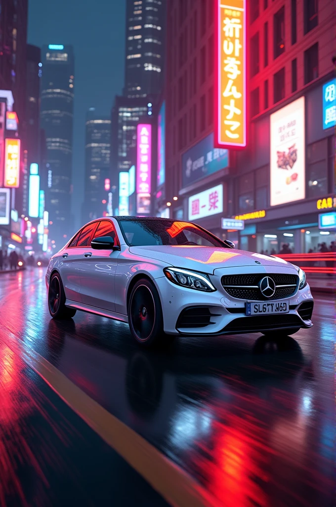 Mercedes c class in white at night at neon city with orange and pink