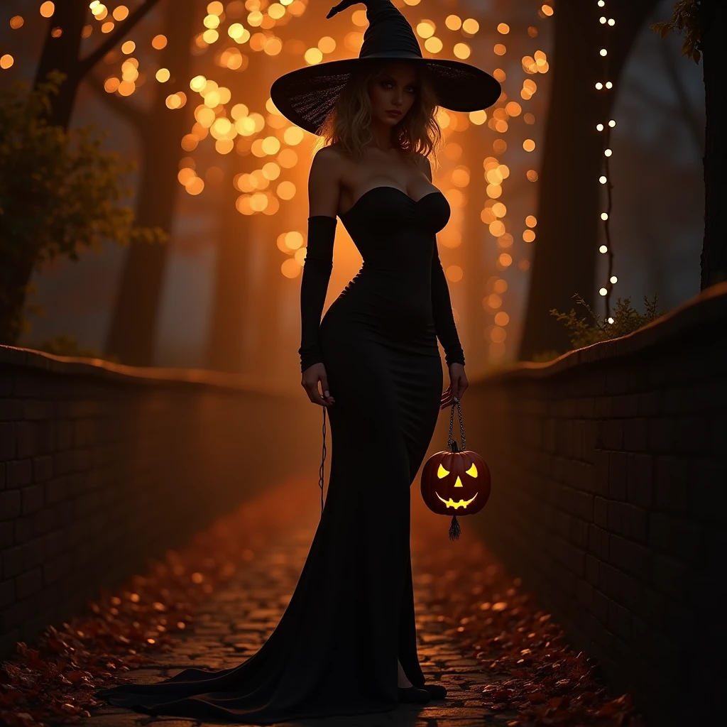 (beautiful blonde woman,1 girl,head to toe photo,dressing up as a sexy witch,pumpkin hiding her big breasts,autumn vibes,halloween vibes,night,light garlands,full body,photorealistic,highly detailed,8k,masterpiece,vivid colors,dramatic lighting), provocative, heels, sexy