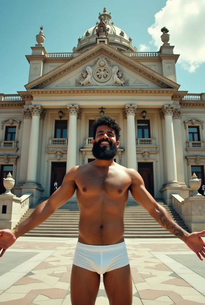 There is a young bearded Puerto Rican man in white underwear standing with his arms open and smiling, security guard looking at the back, in front of a large building, peru, royal Palace, parliament, peruvian, peruvian looking, proportionate, Julia Fontes, Palace, quito school, an intermediate front shot, monumental giant Palace, Mexico City, freddy mamani wild facade, jorge lacera, Gita, chilean, Refik Anadol, central shot.