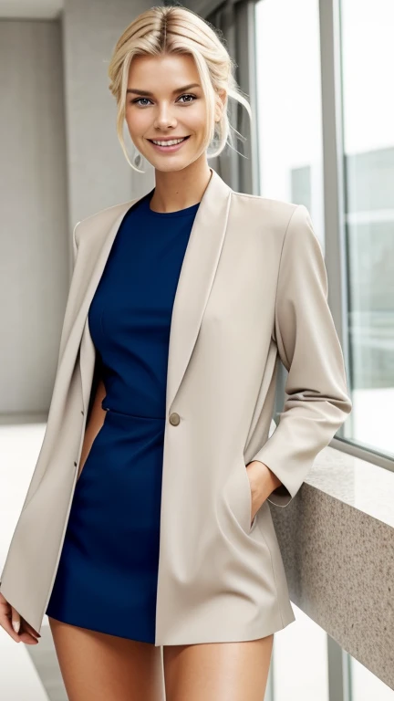Lena Gercke wearing clothes with modern design in dull colors and smiling