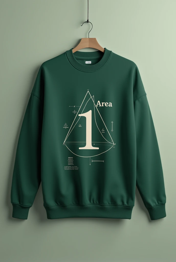 Create a sweatshirt design both front and back with the following characteristics - a slightly darker green color - the details are in off-white - that includes the golden ratio - that says Area 1 - that I have mathematical and physical things - that is minimalist