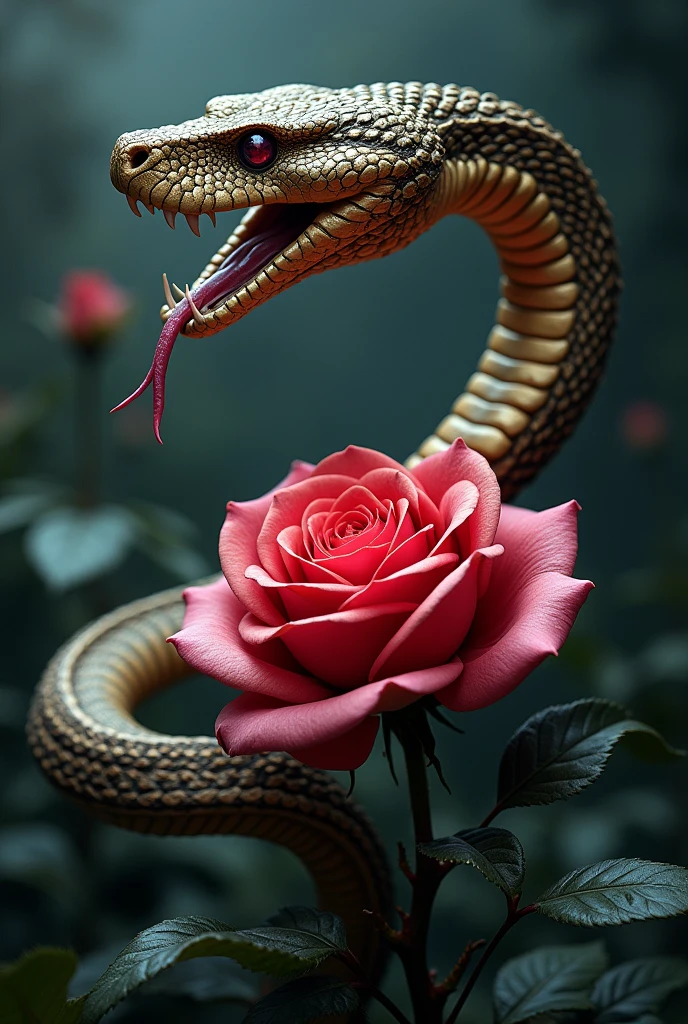 cobra with mouth open and body wrapped around rose with thorns