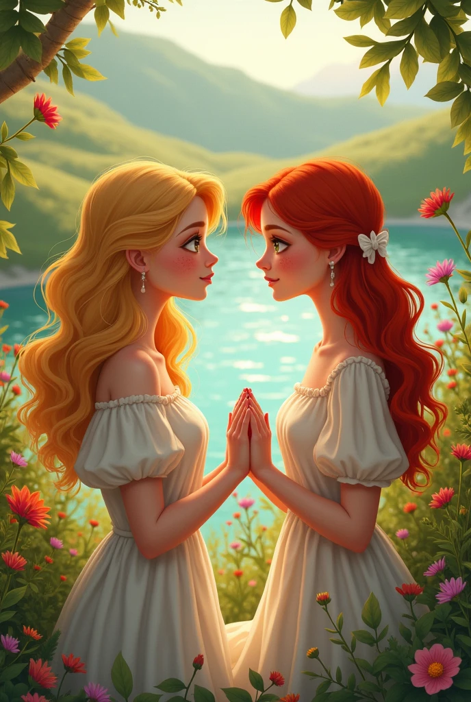 Blonde woman, ginger woman with freckles, holding hands, romantic scenery.