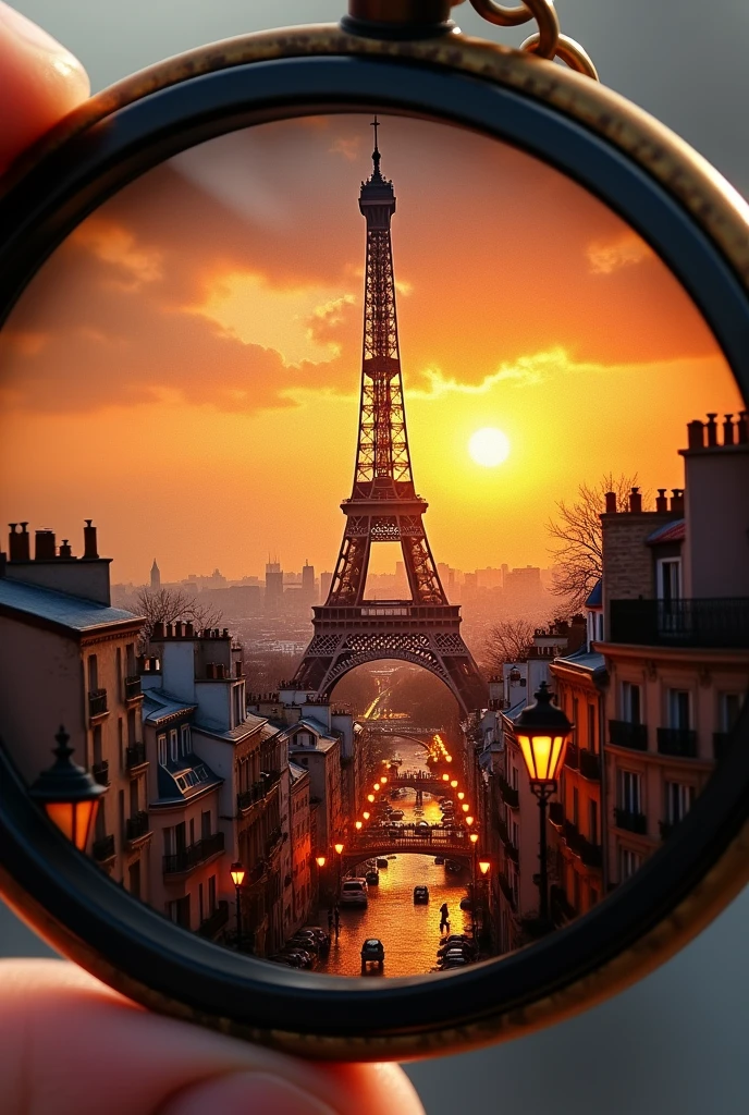 A circular design for a tiny painting inside of a locket. A circular mural of the city of Paris, cinematic close up view of the Eiffel tower, the city is beautiful and the sky is orange and beginning to set, use pretty contrasting colors