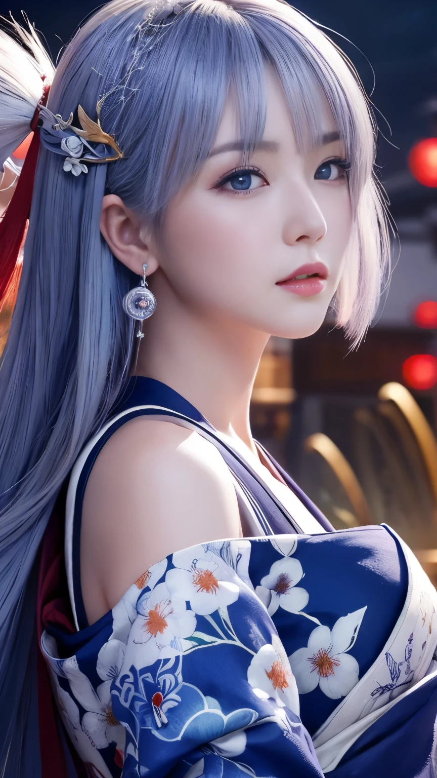 masterpiece, high quality、high resolution、High resolution、wonderful, (CG illustration、8k )、night, Outdoor, ancient China, ((2 women)), Mature Woman, Blue and white hair color, Gray blue eyes, Pale pink lips, Indifference, 真swordさ, bangs,Surreal Onmyoji、 assassin, sword, Facial details, Facial details、purple、red、Upper Body、、sexy、Alluring、Bold、Hyper Effect Effect、Dynamic action scenes、Fly around、Heian period、The Strongest Onmyoji、redく光るオーラ、