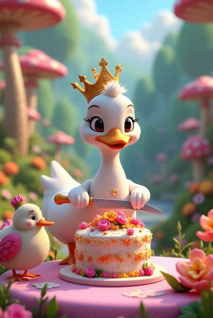 Dear white queen duck, cut the cake, your cake is fun, peahen said.background with megical garden in 3d animated cartoon story