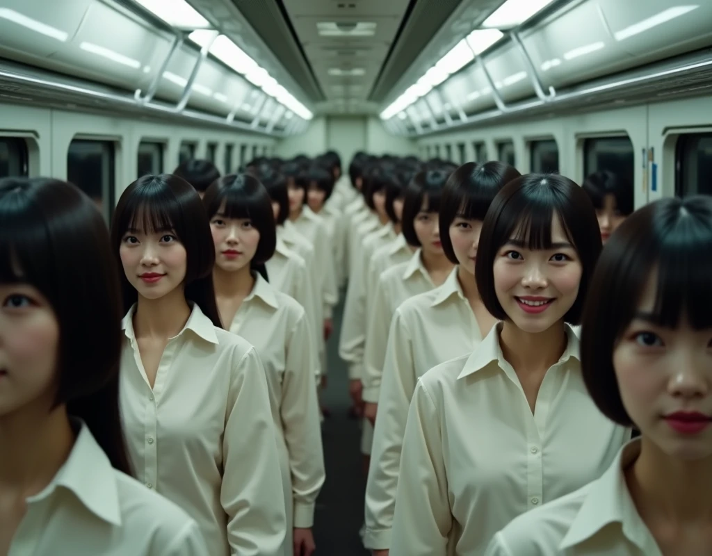 Highest quality、8k、masterpiece、Ultra-high resolution、Clear photos、Realistic photos、Realistic、detailed、concentrated、Professional Lighting、Very cute girl、beautiful girl、Crying face、Very short hair、Super Slender、Delicate body、Small breasts、Large erect dark nipples、Tight waist、(Wearing a wet sailor suit、Soaking wet)、Full body photo、((Get on a crowded train)、Standing in the aisle、Holding a strap、Crowded car interior)、(Surrounded by middle-aged men、Intimate physical contact with a man、Crazy behavior)