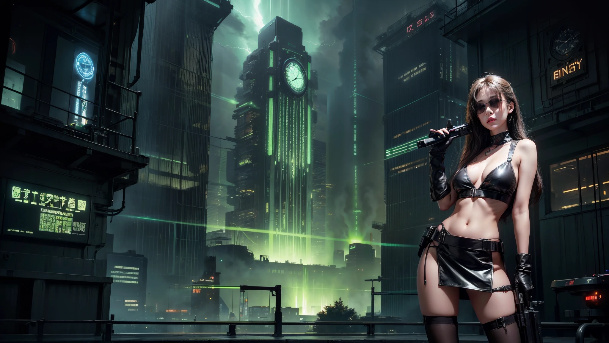 (Wide angle view). Matrix film inspired city, simple outlined neon tall buildings, glowing giant clock tower, lightning, close-up glowing matrix cascading code, 3D rendering Beeple. At night, (1girl, solo, alone), photorealistic, large-breast slim:0.6 body, oval:0.5 face, cleavage:1.1, miniskirt, deep-v, ((upskirt)), glove, (Matrix style black micro sunglasses), ((aiming viewer with a short gun)), (half-body thigh level close-up shot), cinematic lighting, ray tracing.