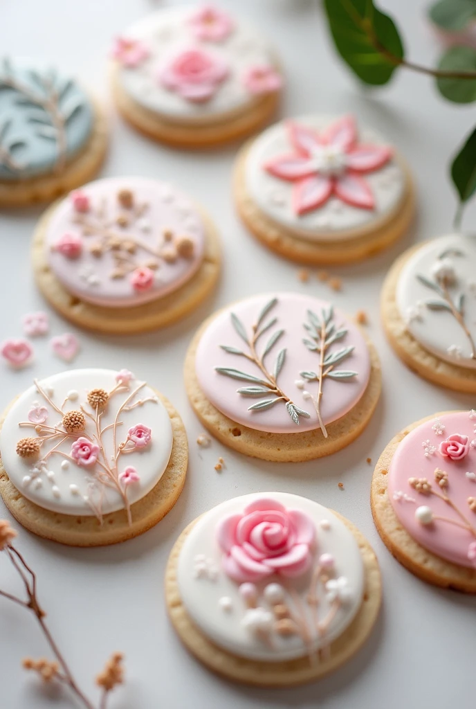 Icing Cookies、pastel、Botanical、Artistic, Very detailed, 8 pieces、From above、calligraphy、Round