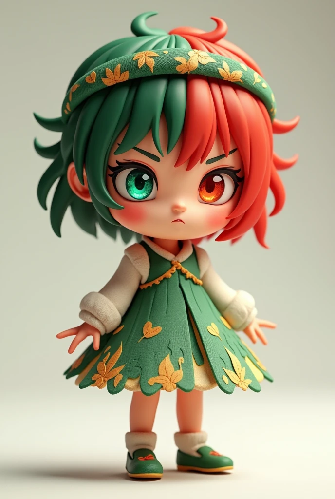 A C4D model, a chibi-style girl with green and red hair, inspired by both Disgust and Anger. She wears an elegant dress with leaf and flame patterns. The girl has intense green and red eyes, a refined yet fiery demeanor, with a matching green and red headband and shoes.