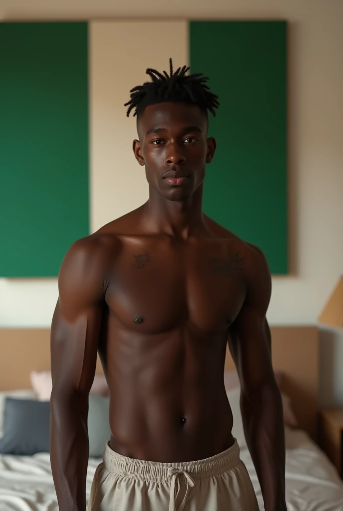 (photorealism:1.2), beautiful Young black man posing shirtless in front of his bed, muscled but not that strong, no tatoos, in the Back of the Room there is a Ivory Coast Flag inserted in a painting