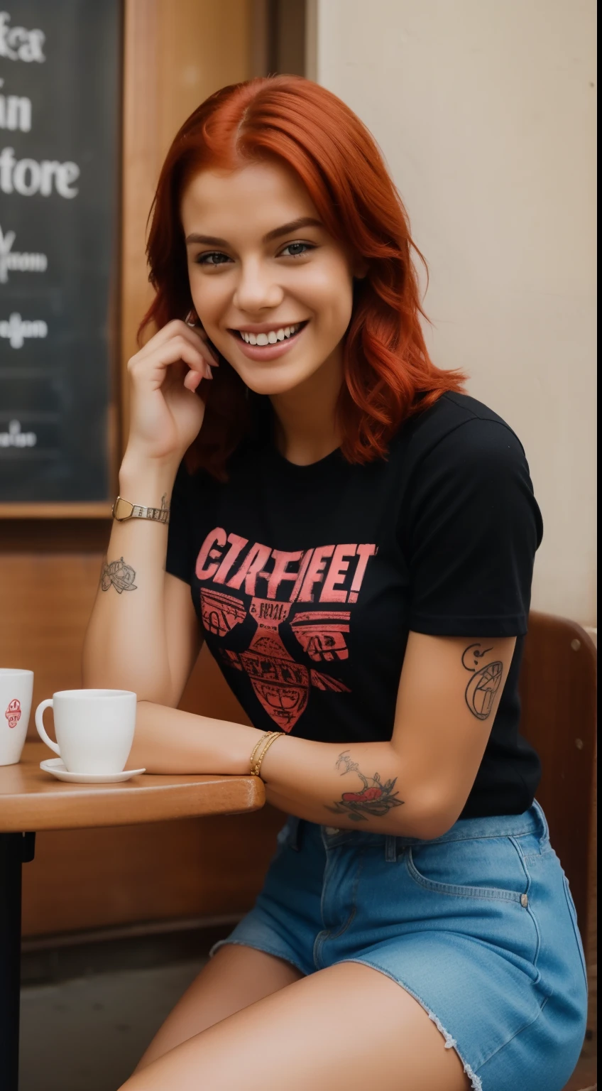 street photography of a young woman with red hair, smiling, happy, rock t-shirt, tattoos on her arms, sitting in a cafe