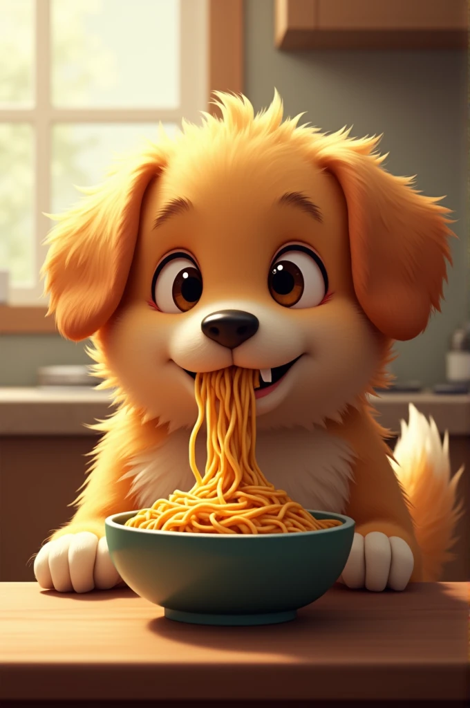 Dog eating noodles