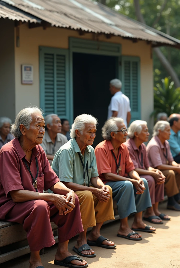Many elderly Thai people are sitting in front of the nurse&#39;s room waiting to receive medicine.