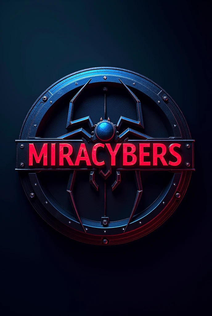 Make a round logo in red colors, blue and black written in the middle of the circle MiraCybers in red graphite letters with a spider