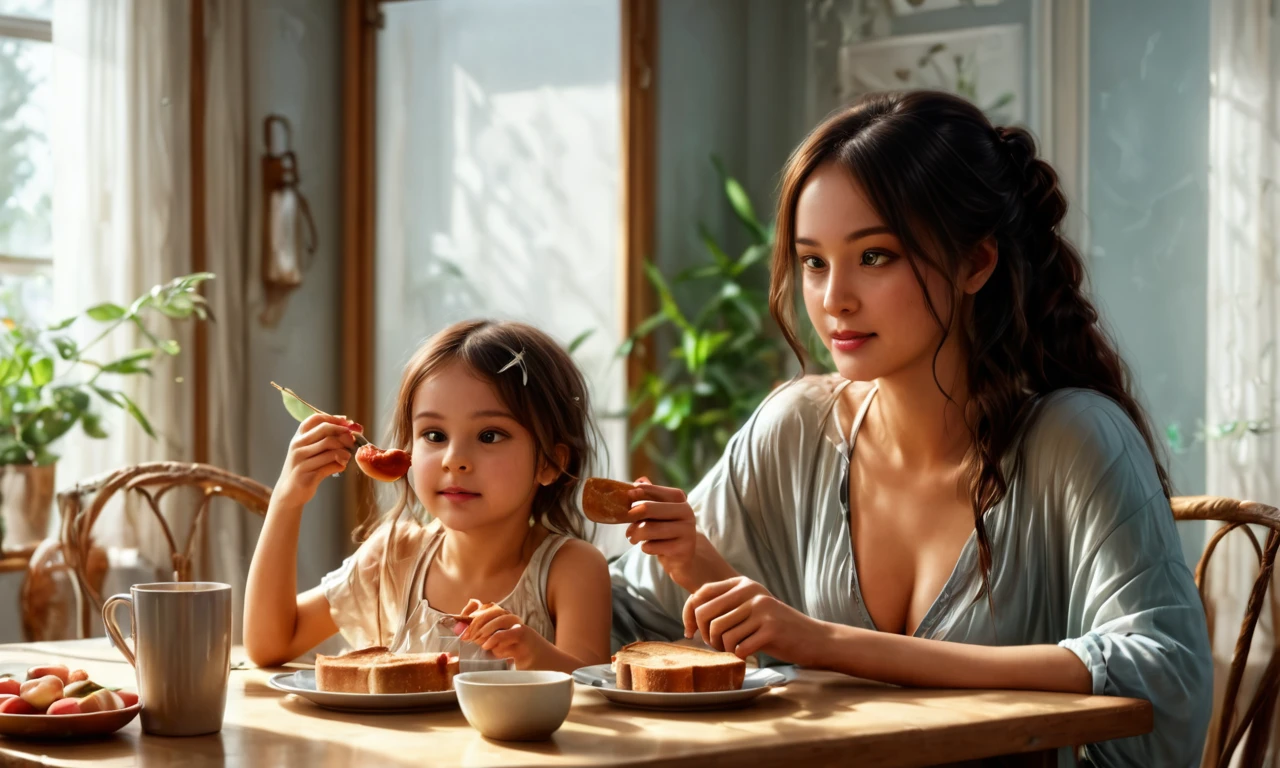 anikaxxx, ultra-realistic, enjoying a morning meal with her mother at the kitchen table, her mother is around 55, both dressed in light summer outfits, a simple breakfast of coffee and toast on the table, soft morning light, relaxed and content expressions, photorealistic, detailed skin and environment.