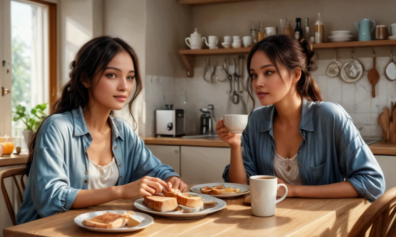 anikaxxx, ultra-realistic, enjoying a morning meal with her mother at the kitchen table, her mother is around 55, both dressed in light summer outfits, a simple breakfast of coffee and toast on the table, soft morning light, relaxed and content expressions, photorealistic, detailed skin and environment.